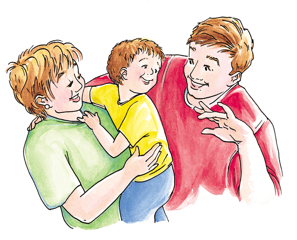 En teckning av en familj som kramar varandra.