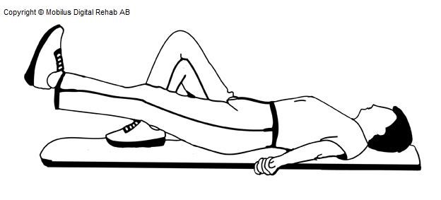 Person som ligger på matta med ena benet böjt och det andra rakt  och lite lyft