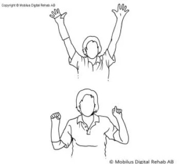 Man, with cast on one wrist, extending both arms with extended and splayed fingers, then pulling arms down with clenched hands.