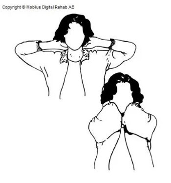 Upper body of a man holding his hands by each ear. First the elbows are angled in and together towards each other and then brought out to the side.