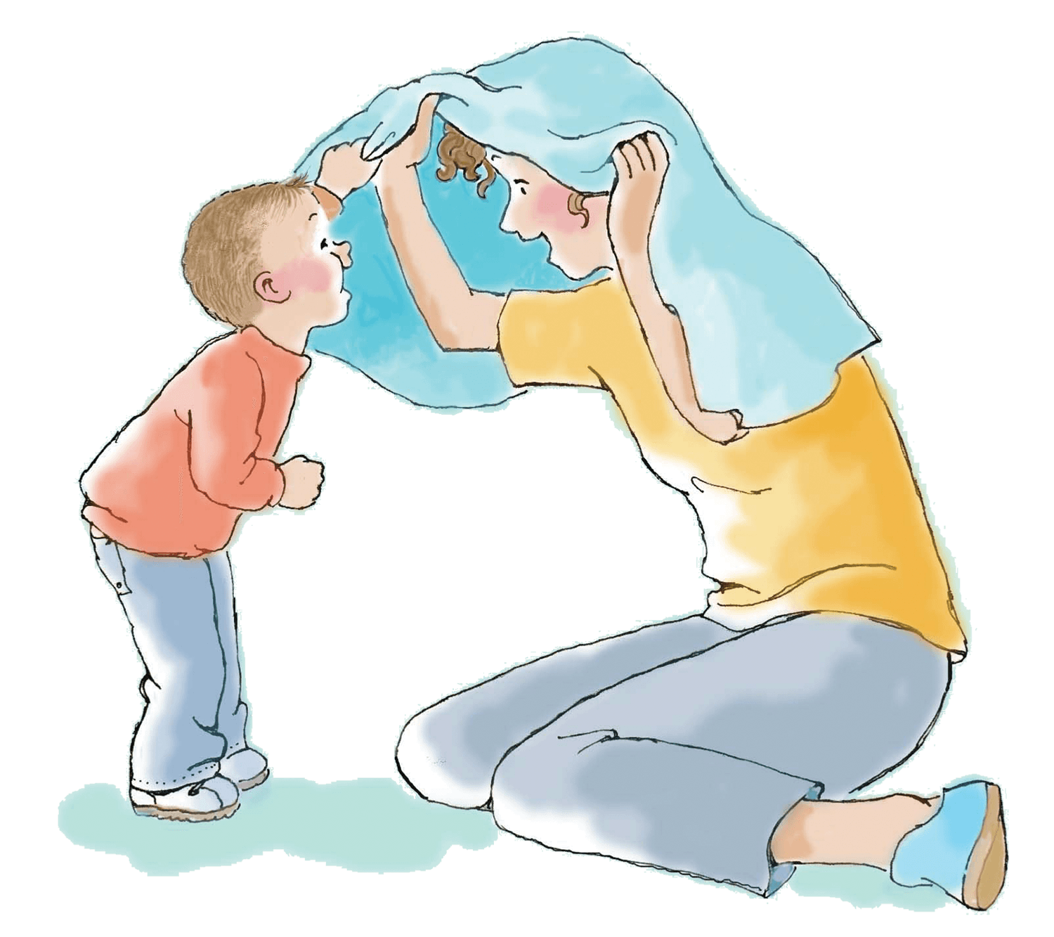 En teckning av en kvinna som håller en filt över huvudet och ett barn som kollar på henne.