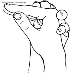 Hand där knoglederna är böjda med raka fingerleder och där andra handen stabiliserar positionen