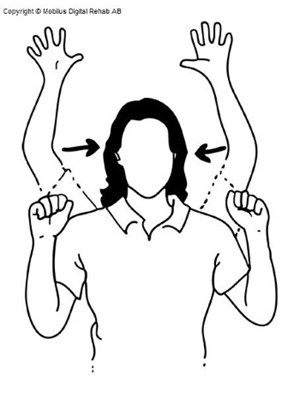 Människa som sträcker upp båda armarna i luften och sträcker och spretar på fingrarna. Sedan en människa som drar ner armarna och samtidigt knyter båda händerna.