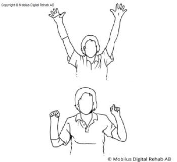 Människa, med gips på ena handleden, som sträcker upp båda armarna med sträckta och spretande fingrar för att sedan dra ner armarna med knutna händer.