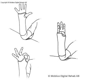 Forearm with a cast over the wrist with the elbow against a table. Thumb meeting index finger then all fingers including thumb being extended.