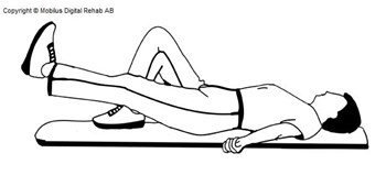 Person som ligger på matta med ena benet böjt och det andra rakt  och lite lyft